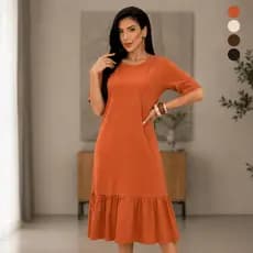 Vestido Midi Feminino 100% Algodão Manga Curta Gola Redonda Babado Casual Elegante Conforto