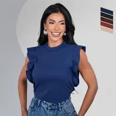 Blusa Feminina Regata Muscle Tee Com Babado Ombro Elegante Casual Tecido Premium 100% Algodão