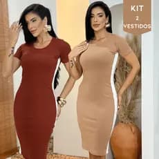 Kit 2 Vestidos Midi Femininos Malha Canelada Elegante Justo Tubinho Não Transparente