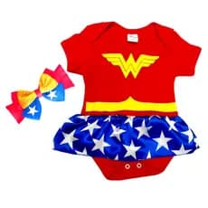 Body Bebê Kit Mulher Maravilha Body e Laço Menina Tematico Mesversario
