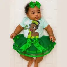 Fantasia A Princesa e o Sapo Body Tiana Bebê com Laço e Saia de Dupla para Mesversário