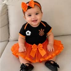 Kit Bebê Menina Corinthians Mesversário Preto e Laranja com Saia Tule & Laço Luxo
