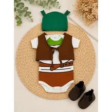 Body Bebê Fantasia Shrek Kit 4 Peças Mêsversário Completo com Colete Touca e Botinha