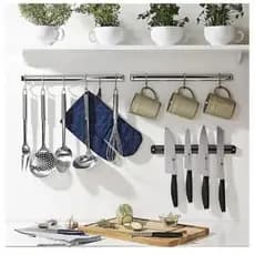 Barra de Aço Inox para Utensílios de Cozinha com 6 Ganchos Cromados - 50cm