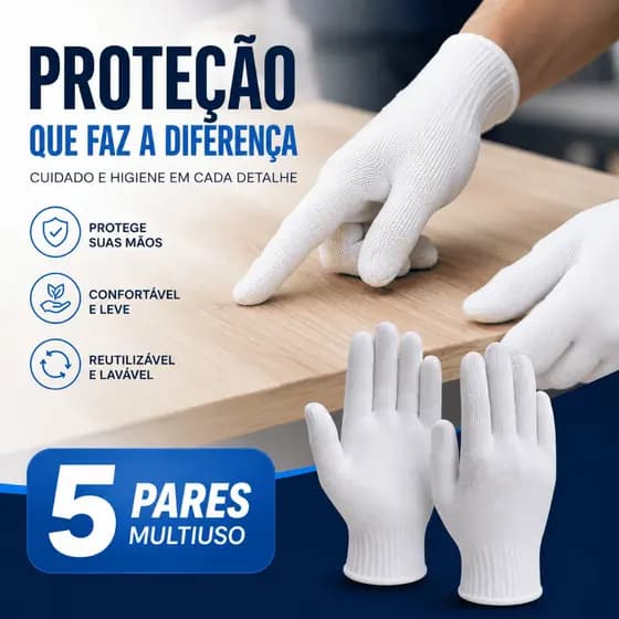 Kit 5 Luvas Brancas Multiuso Reutilizável Proteção Anti Sujeira Para Manuseio e Limpeza