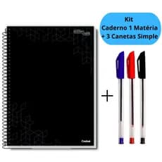 Kit Caderno Universitário 1 Matéria Preto Rosa + 3 Canetas Simple Escolar