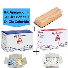 Kit Apagador em Madeira + 64 Unidades Giz Colorido + 64 Unidades Giz Branco Escolar Quadro Verde Negro Delta
