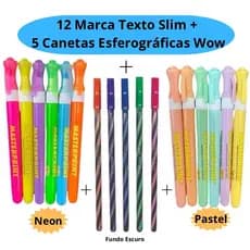 Kit 12 Marca Texto Slim ( Pastel e Neon) Masterprint + 5 Canetas Esferográficas Wow 0.7mm Jocar