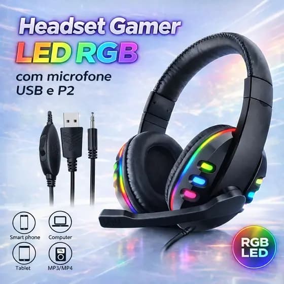 Headset Gamer RGB com Microfone USB e P2 para PC Computador Videogame Headphone