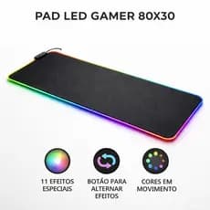 Mouse Pad Gamer LED RGB 80x30 Grande Iluminado 11 Modos Efeitos Antiderrapante Setup Gamer