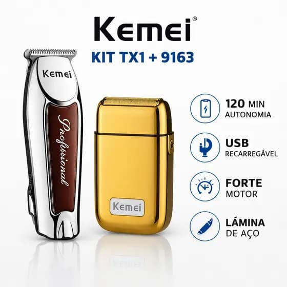 Kit Kemei Máquina de cortar cabelo, aparador barbeador TX1 9163 profissional acabamento Aparador
