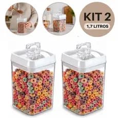 Kit 2 Potes Herméticos 1,7L para Cereais Café Açúcar com Tampa e Vedação Silicone