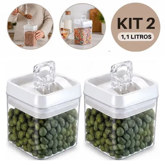 Kit 2 Potes Herméticos 1,1L Compactos para Temperos Snacks Mantimentos e Cereais