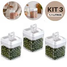 Kit 3 Potes Herméticos 1,1L Transparentes para Organização Compacta com Tampa Trava