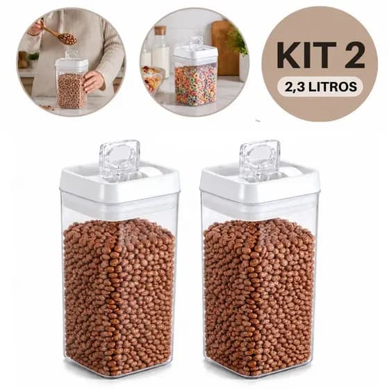Kit 2 Potes Herméticos 2,3L Transparentes para Mantimentos com Tampa Trava e Vedação