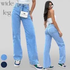 Calça wide leg jeans básica feminina cintura alta tecido 100% algodão look casual para o dia dia