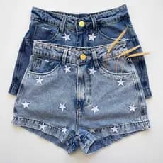 Short jeans feminino cintura alta bordado estrela