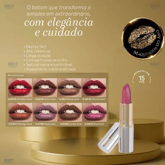 Batom Matte Cintilante Viva Luxo Gold com Brilho