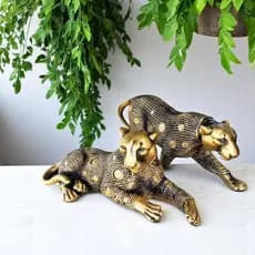 Escultura Dupla Onça Pantera Leopardo Decorativo Grande Dourado Envelhecido Casal Decoração