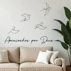 Kit 6 Peças Decorativas MDF Pássaros voando Palavra Aconchego Frase Abençoados por Deus Sala Quarto