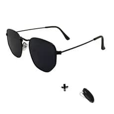 Kit Óculos De Sol Hexagonal Volpz Preto Unissex Original Volpz Proteção UV400 + Suporte De Óculos Para Veiculo Porta Oculos Carro Para Quebra Sol Óculos Masculino Óculos Feminino