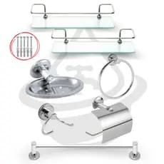 Kit Acessórios Banheiro 7 Peças Inox + 2 Porta Shampoo Reto Vidro Incolor Temperado Completo Organizador Box