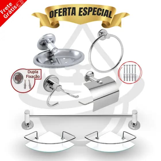 Kit Acessórios 5 Peças Inox Banheiro + 2 Porta Shampoo Suporte Canto Cantoneira Vidro Incolor Box