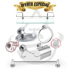 Kit Acessórios 5 Peças Inox Banheiro + Porta Shampoo Reto Incolor Suporte Prateleira Organizador