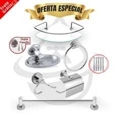 Kit Acessórios 5 Peças Banheiro Inox + Porta Shampoo Prateleira Suporte Canto Cantoneira Vidro Incolor Box