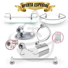 Kit Acessórios 5 Peças Banheiro Inox + Porta Shampoo Suporte Canto Reto Vidro Incolor Box