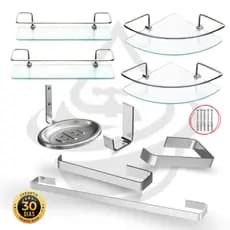 Kit Acessórios Banheiro 5 Peças Quadrado Inox Cromado + 2 Porta Shampoo Reto ou Canto Vidro Incolor Box
