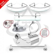 Kit Acessórios Banheiro 5 Peças Inox + 2 Porta Shampoo Canto 1 Porta Shampoo Reto Vidro Incolor Suporte Prateleira