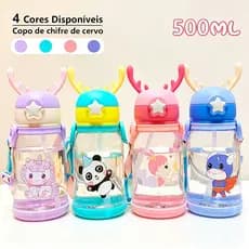 Garrafa De Água Infantil 500Ml Com Canudo Alça De Ombro E Design De Alce Antivazamento Ideal para Escola e Bebês