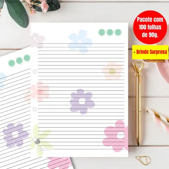 Refil para Fichário e Caderno de Argola 90g 100 Folhas Personalizadas | Material Escolar | Alegria