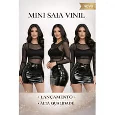MINI  SAIA VINIL COM BOTÃO SAIA CINTURA ALTA MODA BALADA CONFORTAVÉL VINIL BRILHOSO