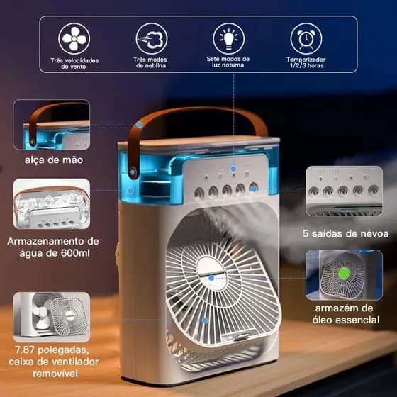 Refrigerador De Ar Ventilador Umidificador Portátil Com Led Reservatório De Água Led