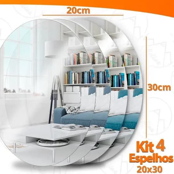 Kit 4 Espelho Adesivo Acrilico Oval 20x30cm Boa Nitidez Decorativo Sala Banheiro