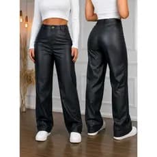 Calça Feminina Wide Leg Cintura Alta Pantalona Couro Premium Preta Modela Corpo