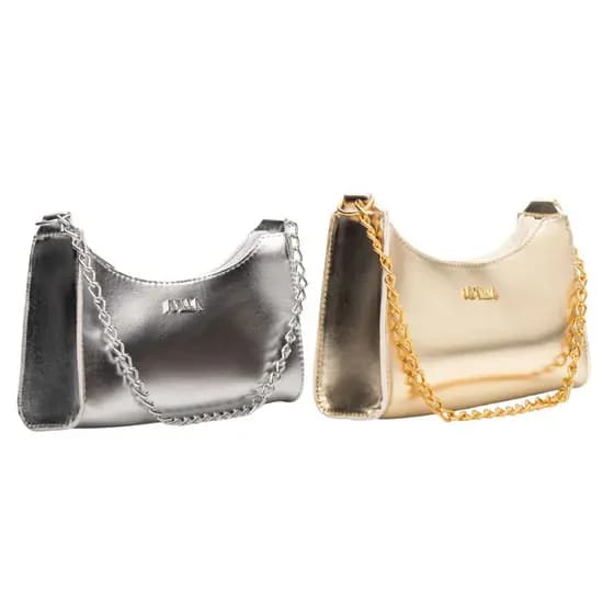 KIT BOLSAS FEMININAS 2 BAGUETES METALIZADAS PEQUENAS CORRENTES DE OMBRO E DE MÃO