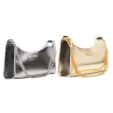 KIT BOLSAS FEMININAS 2 BAGUETES METALIZADAS PEQUENAS CORRENTES DE OMBRO E DE MÃO