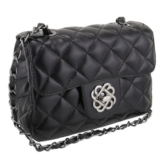 Bolsa Feminina Pequena Preta Transversal de Ombro Bordada Corrente Matelasse