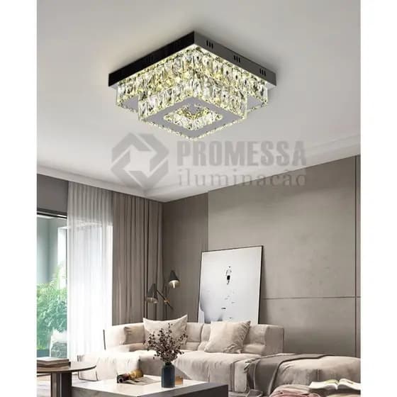 LUSTRE CRISTAL QUADRADO/REDONDA PLAFON INOX LED 36W 3CORES BIVOLT + CONTROLE