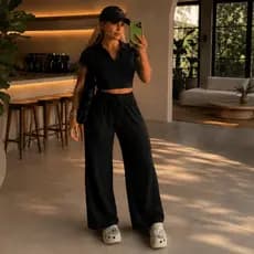 Conjunto Feminino Ribana Premium Cropped Polo Ajustado e Calça Soltinha Confortável Casual Rotina