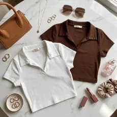 Kit 2 Tops Femininos Gola Polo Malha Texturizada Toque Suave Visual Trend Trabalho e Passeios Finos