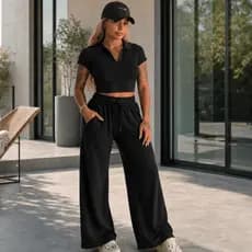 Conjunto Feminino Canelado Premium Cropped Ajustado e Calça Ampla Elegante Conforto para Rotina Leve