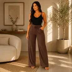 Calça Pantalona Feminina Ribana Cintura Alta Bolsos Amarração Confortável Elegante para Dia a Dia