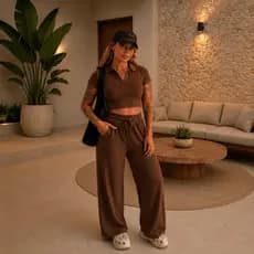 Conjunto Feminino Elegante Cropped Gola Polo e Calça Pantalona Canelada Conforto Premium Dia a Dia