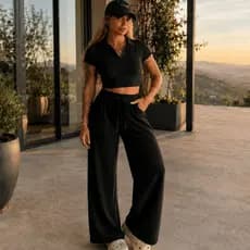 Conjunto Feminino Ribana Cropped Gola Polo e Calça Pantalona Cintura Alta Look Casual Dia a Dia Leve