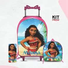 kit mochila escolar  Moana  com lancheira e Estojo - Carrinho com Rodinhas - Menina -Feminino