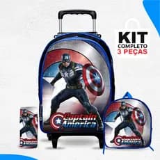 kit mochila escolar Capitão América com lancheira e Estojo - Carrinho com Rodinhas - Menino - Masculino